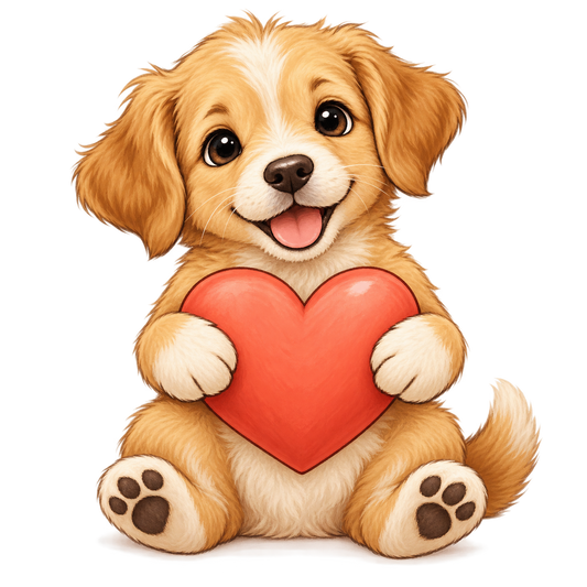 Original illustration of a puppy holding a heart
